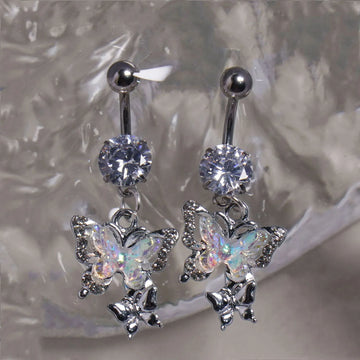 DAIIIBABYYY  -  Punk Butterfly Belly Button Rings Stainless Steel Dangle Zircon Dangle For Women Belly Navel Rings Body Belly Piercing Jewelry
